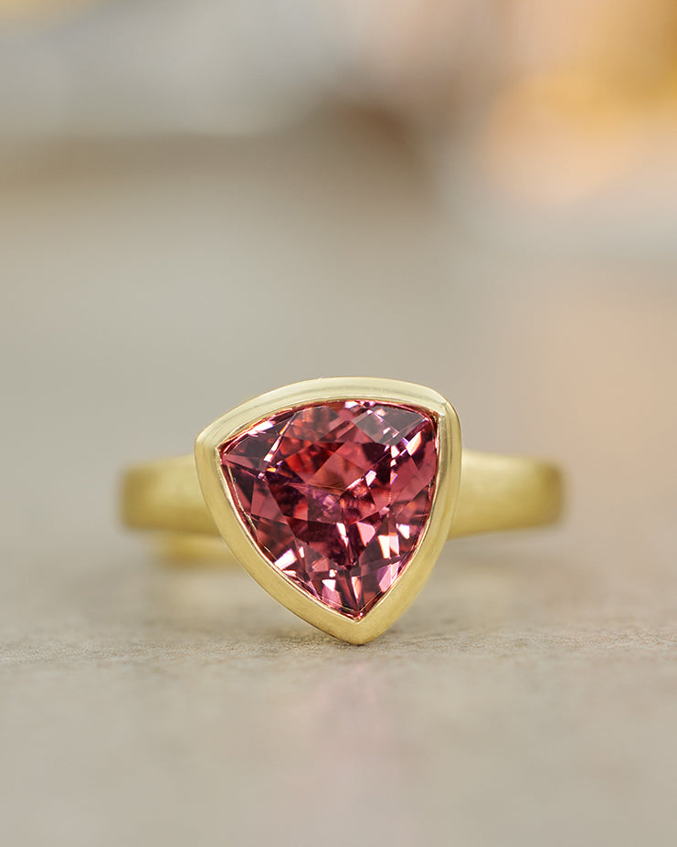 Peach/Pink Tourmaline  Fluted Trillion Ring