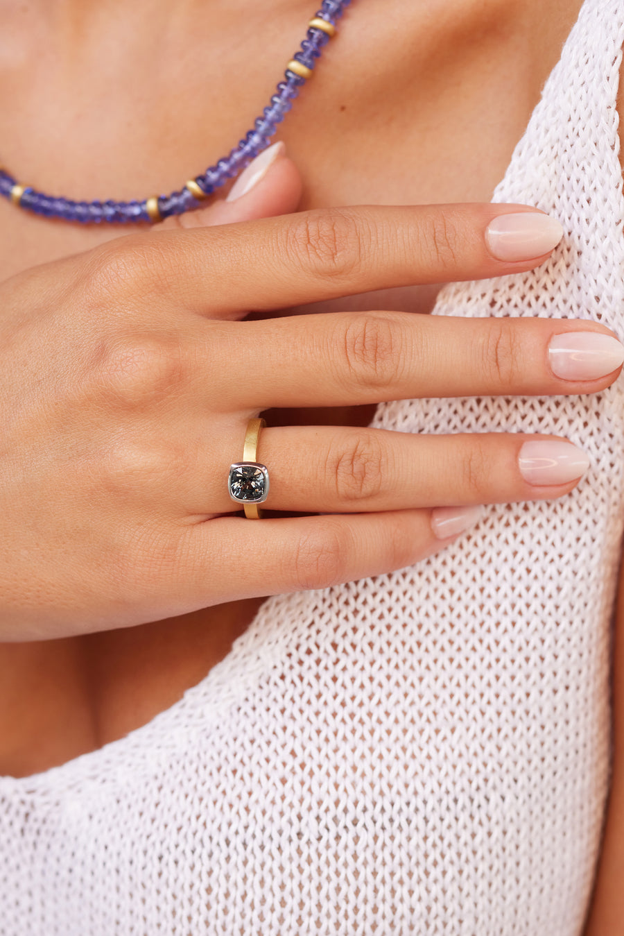 Blue-Gray Spinel Cushion Ring