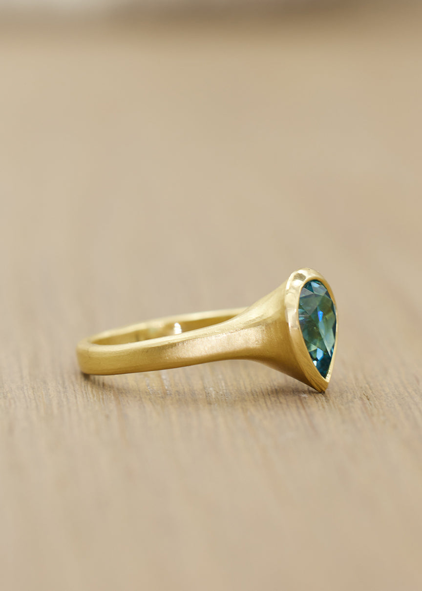 Blue Zircon Fluted Pear Shaped Ring