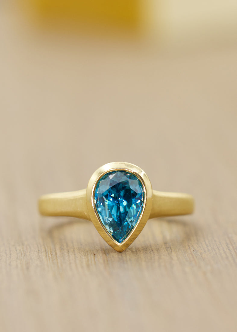 Blue Zircon Fluted Pear Shaped Ring