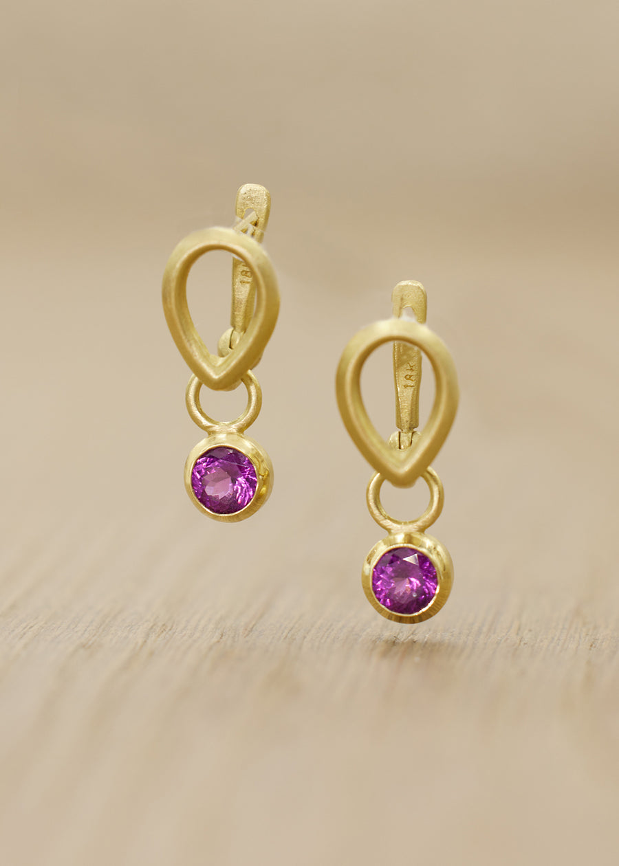 Pink Garnet Gem Charms on Petal Clip Earrings  (Set)