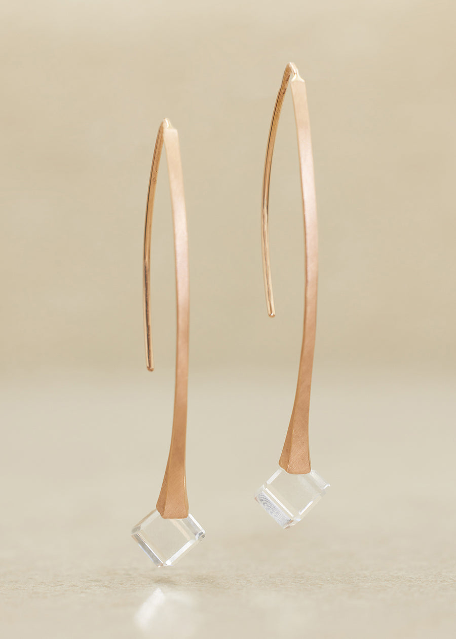 Rock Crystal Rose Gold Cube Drop Earrings
