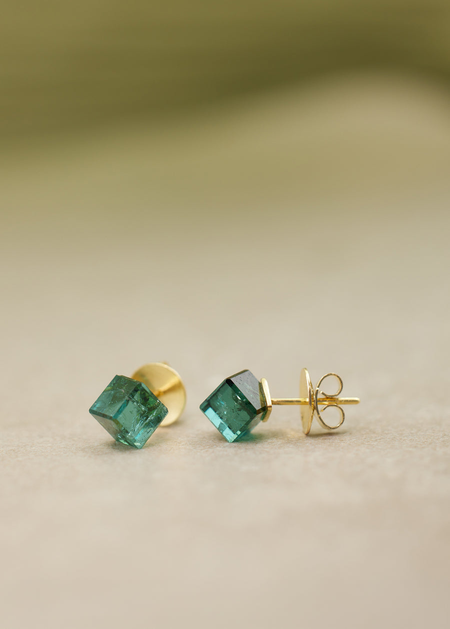 Blue-Green Tourmaline Cube Stud Earrings