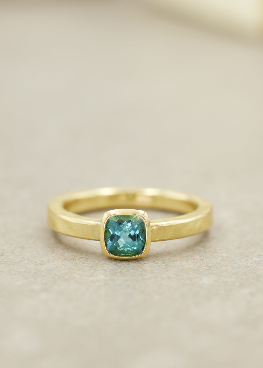 Lagoon Blue Tourmaline Cushion Ring, Small
